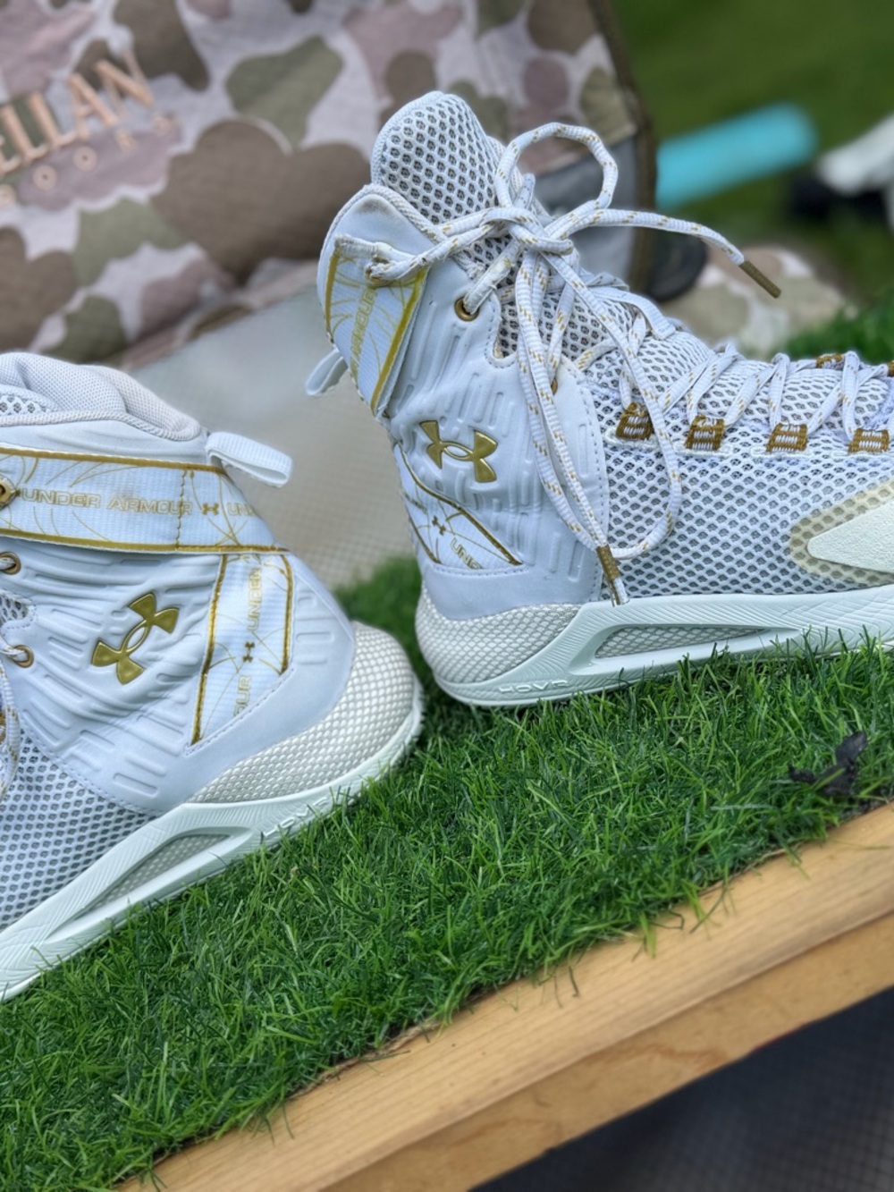 Under Armour Kids White and Gold High-Top Sneakers